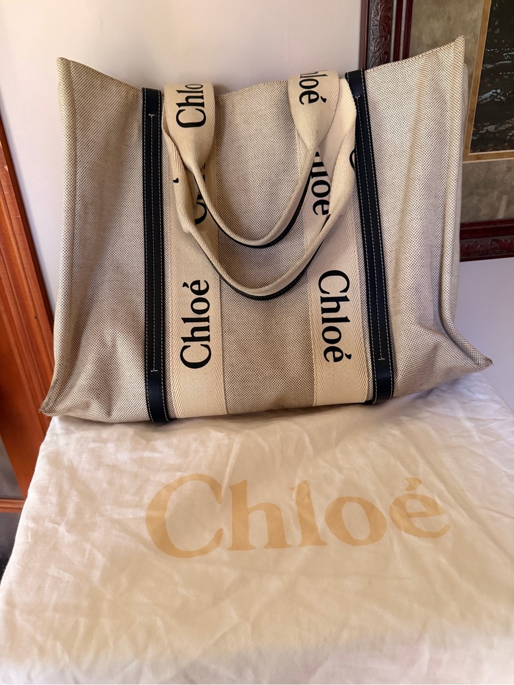 Chloé Beige Canvas Tote with Black Trim and Logo Straps